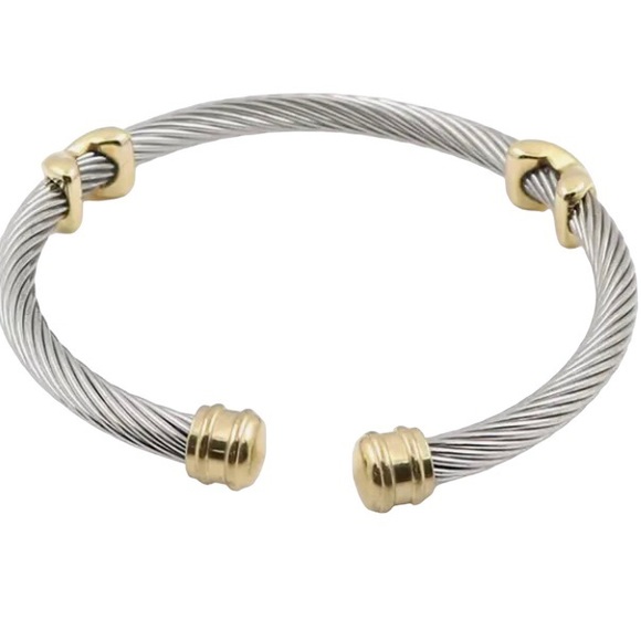 GOLD & SILVER PLATED TITANIUM STEEL ROPE CUFF BRACELETS WITH “X” DETAILS - Picture 5 of 12